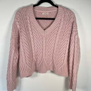 L.A. Hearts Pink Cotton Blend Chevron Cable Knit Cropped V-Neck Sweater Sz M
